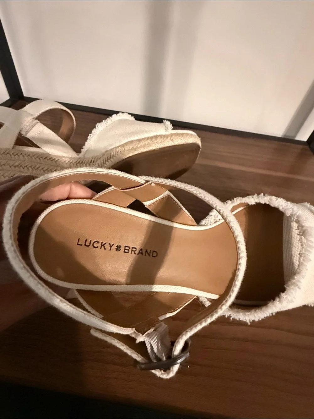 Lucky Brand Cream Canvas Espadrille Wedge Sandals